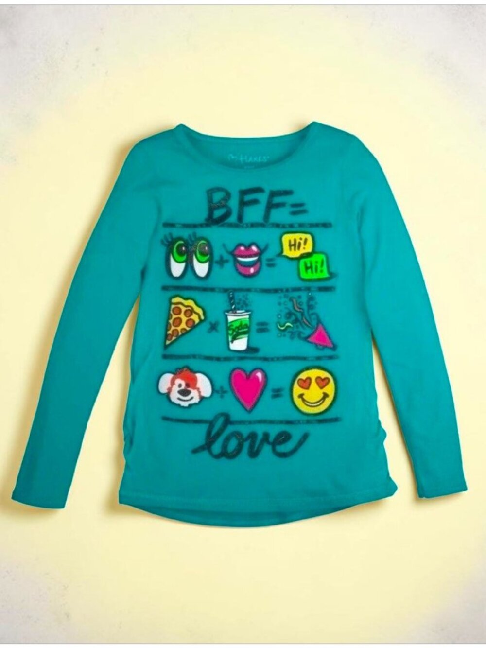 Hanes Girls Green Long Sleeve Graphic Tee With "BFF Love" Emoji Design Soft Rayo